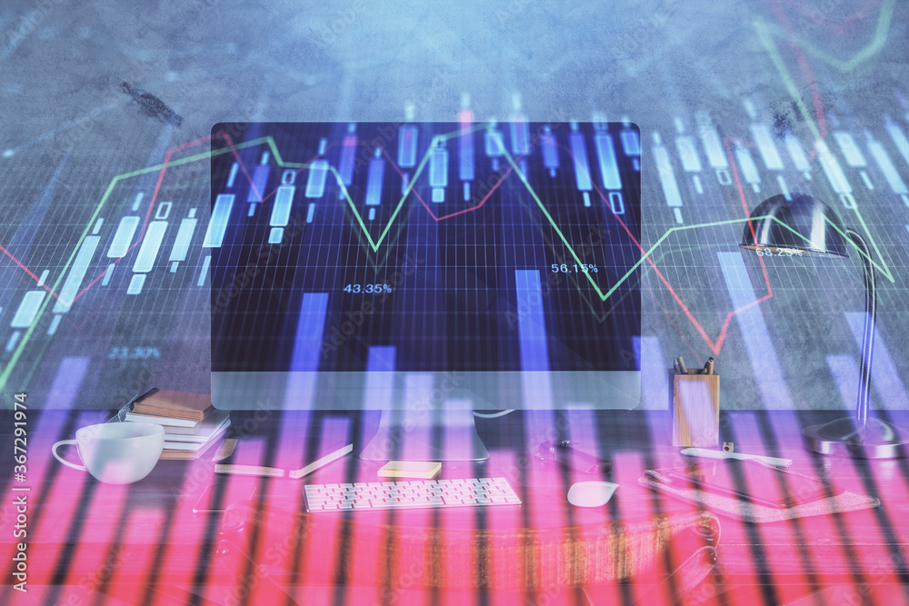 Financial graph colorful drawing and table with computer on background. Multi exposure. Concept of international markets. Financial graph colorful drawing and table with computer on background. Multi exposure. Concept of international markets.