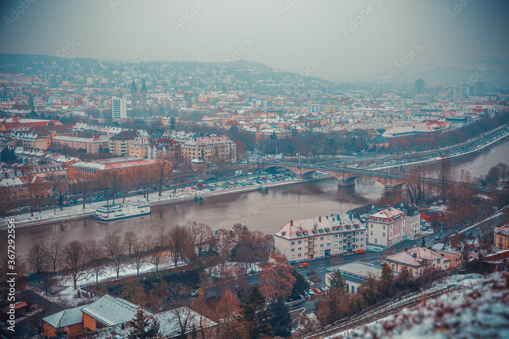 Top view on Wurzburg panorama at at dawn. Winter time.  Germany. 
