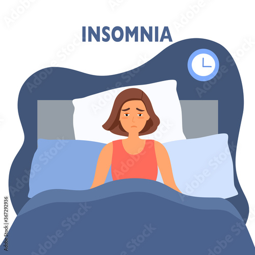 Sleepless woman suffering from insomnia. Lady with open eyes in darkness night lying on bed concept vector illustration. Woman try to sleep under blanket.