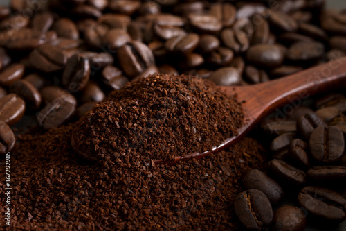 Coffee beans and ground coffee,Close up