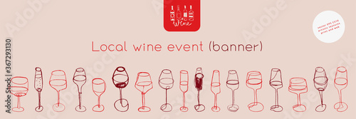 Horizontal restaurant banner with wine glasses icons in trendy linear style. Homemade cooking with Cooking utensils vector. Cooking courses banner. Wine glass icon for red bar poster, local wine event