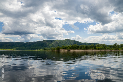 summer, day, clear, weather, travel, river, water, glare, ripples, smooth surface, reflections, nature, light, shadow, beach, sand, distance, space, mountains, forest, trees, sky, clouds