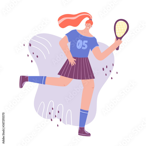 A woman in sportswear with a racket plays tennis. Vector illustration