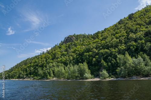 Wallpaper Mural summer, day, clear, weather, travel, river, water, glare, ripples, smooth surface, reflections, nature, light, shadow, beach, sand, distance, space, mountains, forest, trees, sky, clouds Torontodigital.ca