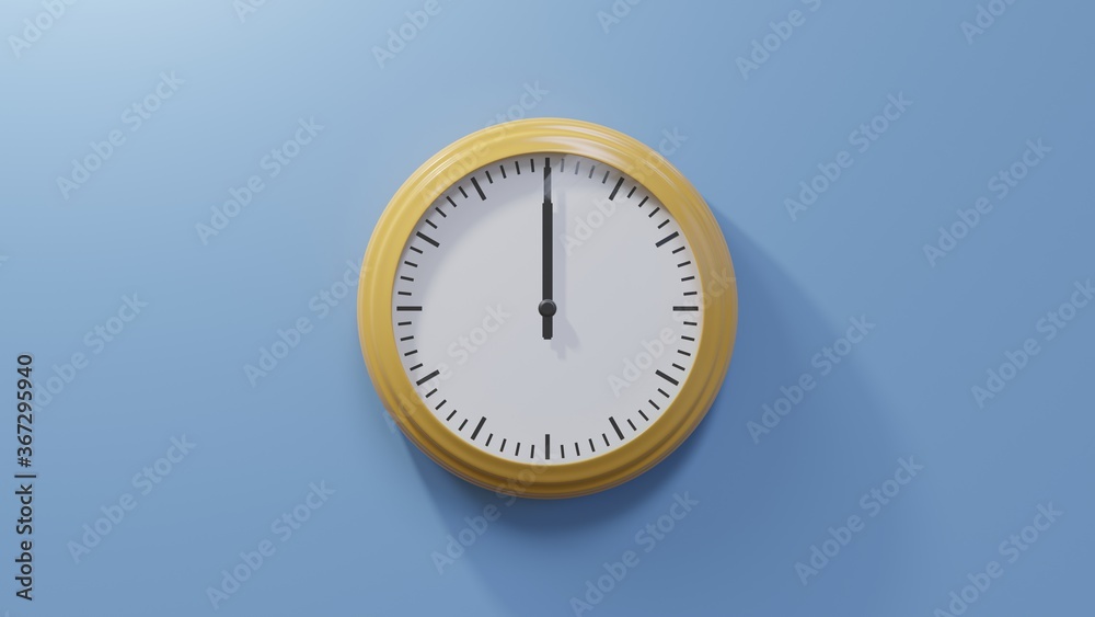 Glossy orange clock on a blue wall at twelve o'clock. Time is 00:00 or 12:00