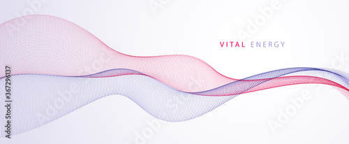 Array of particles flowing, dynamic sound wave. 3d vector illustration. Mesh round dots, beautiful relaxing wallpaper illustration.