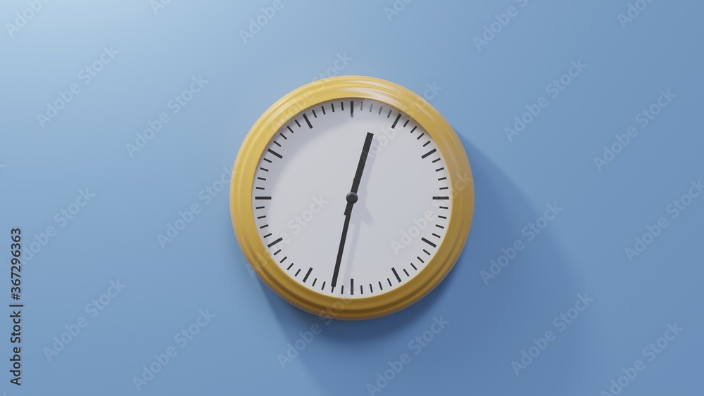 Glossy orange clock on a blue wall at thirty-two past twelve. Time is 00:32 or 12:32 Glossy orange clock on a blue wall at thirty-two past twelve. Time is 00:32 or 12:32
