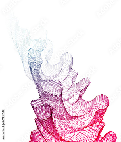 Array of particles flowing, dynamic wave transparent tulle textile on wind. 3d vector illustration. Mesh round dots, beautiful relaxing wallpaper illustration.