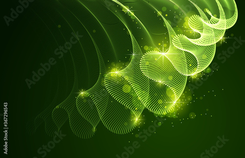 Vector abstract background with magic wave of flowing particles over dark, smooth curve shape lines, transparent tulle textile on wind. 3d shape dots magic blended mesh.