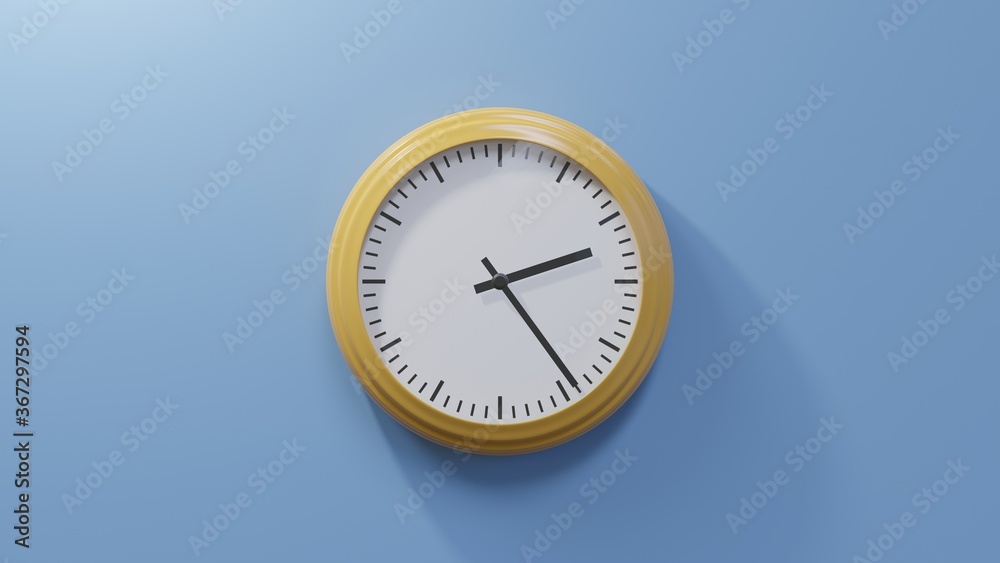 Glossy orange clock on a blue wall at twenty-four past two. Time is 02:24 or 14:24