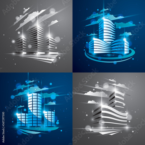 Futuristic buildings set, modern vector architecture illustrations with blurred lights and glares effects. Real estate realty business center blue and grey designs. 3D business office facades in city.