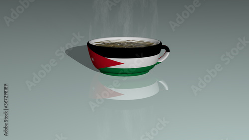 JORDAN placed on a cup of hot coffee in a 3D illustration mirrored on the floor with a realistic perspective and shadows photo