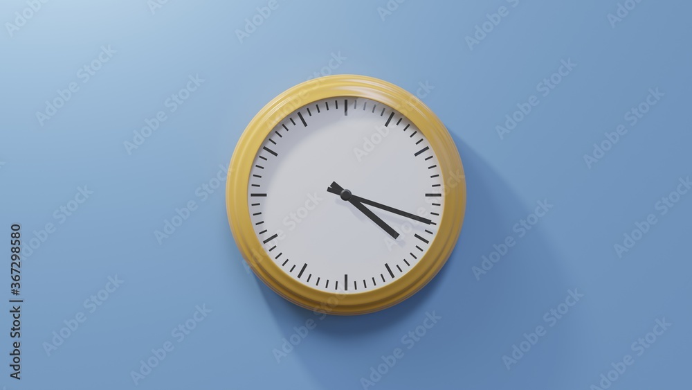 Glossy orange clock on a blue wall at eighteen past four. Time is 04:18 or 16:18 Glossy orange clock on a blue wall at eighteen past four. Time is 04:18 or 16:18