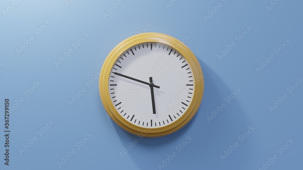Glossy orange clock on a blue wall at forty-eight past five. Time is 05:48 or 17:48 Glossy orange clock on a blue wall at forty-eight past five. Time is 05:48 or 17:48