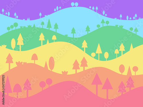 Rainbow mountain background with trees.