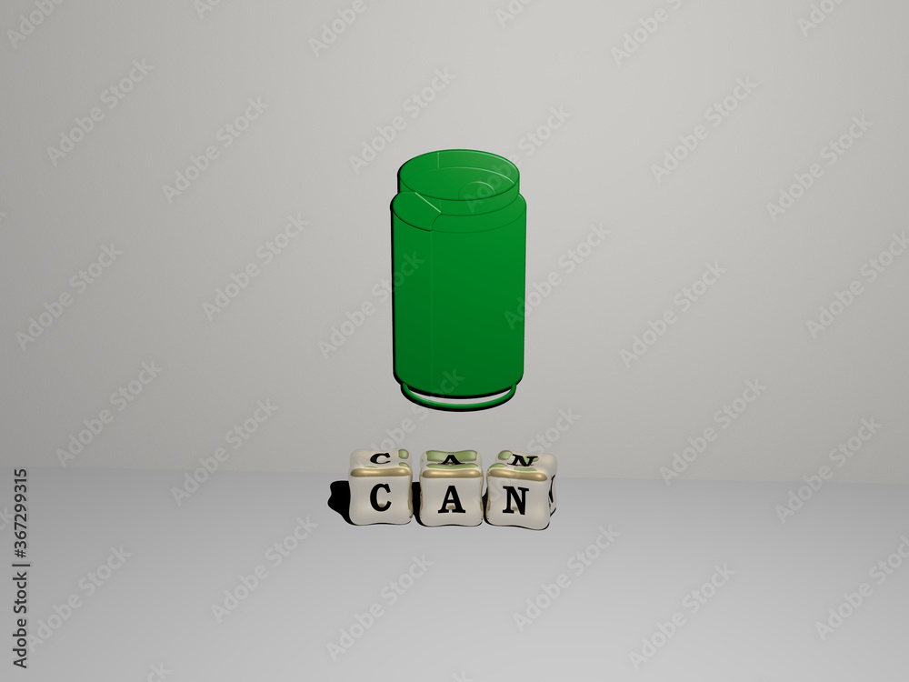 3D graphical image of can vertically along with text built by metallic cubic letters from the top perspective, excellent for the concept presentation and slideshows