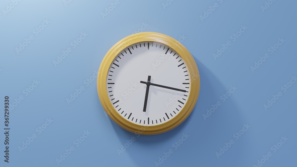 Glossy orange clock on a blue wall at seventeen past six. Time is 06:17 or 18:17 Glossy orange clock on a blue wall at seventeen past six. Time is 06:17 or 18:17