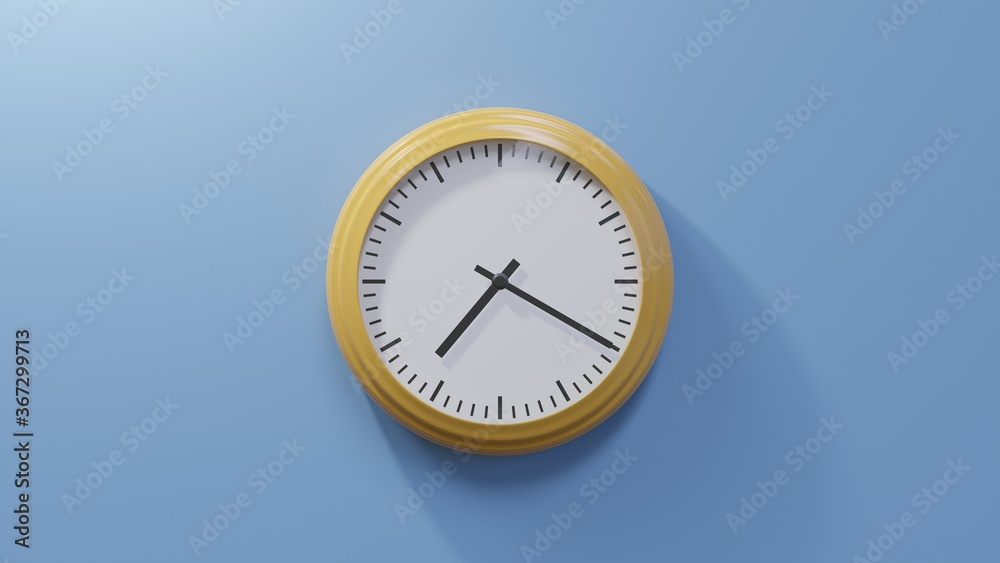 Glossy orange clock on a blue wall at twenty past seven. Time is 07:20 or 19:20 Glossy orange clock on a blue wall at twenty past seven. Time is 07:20 or 19:20