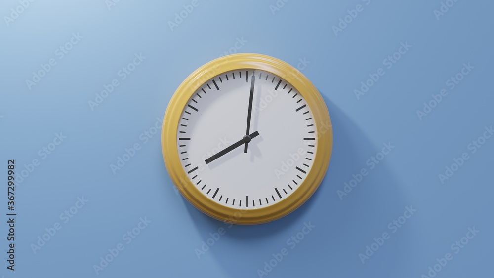 Glossy orange clock on a blue wall at one past eight. Time is 08:01 or 20:01 Glossy orange clock on a blue wall at one past eight. Time is 08:01 or 20:01