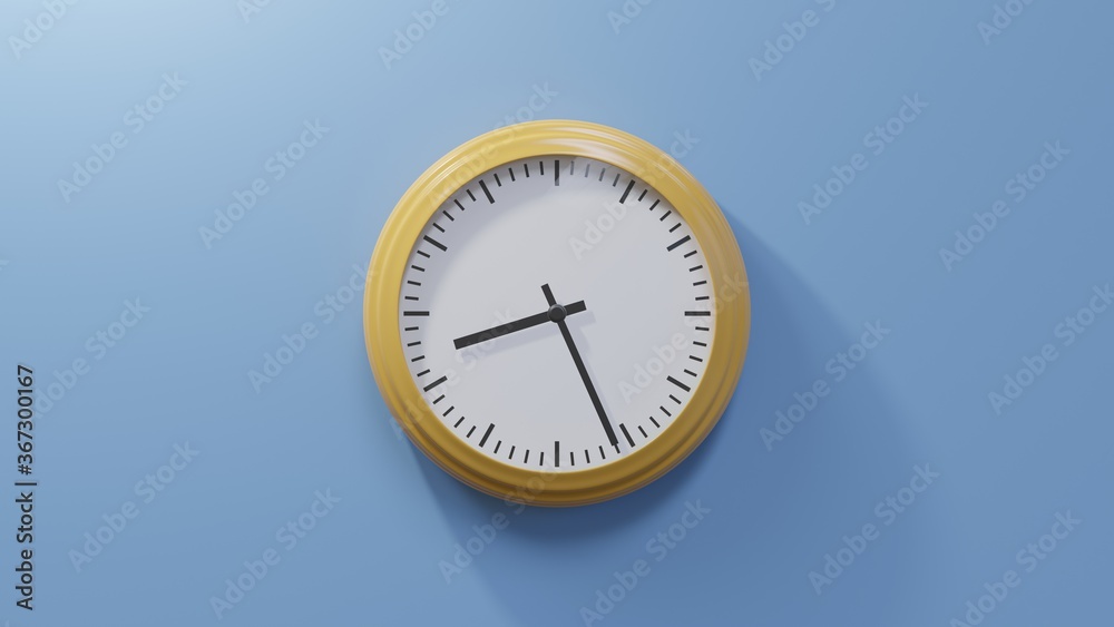 Glossy orange clock on a blue wall at twenty-six past eight. Time is 08:26 or 20:26
