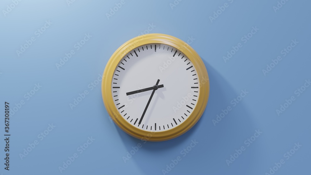 Glossy orange clock on a blue wall at thirty-four past eight. Time is 08:34 or 20:34 Glossy orange clock on a blue wall at thirty-four past eight. Time is 08:34 or 20:34