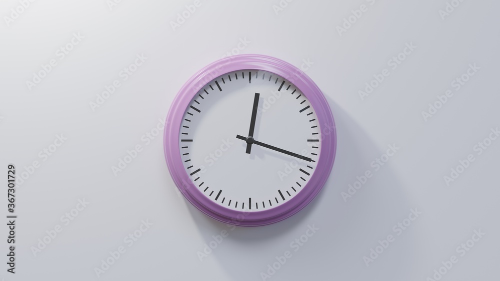 Glossy pink clock on a white wall at eighteen past twelve. Time is 00:18 or 12:18 Glossy pink clock on a white wall at eighteen past twelve. Time is 00:18 or 12:18
