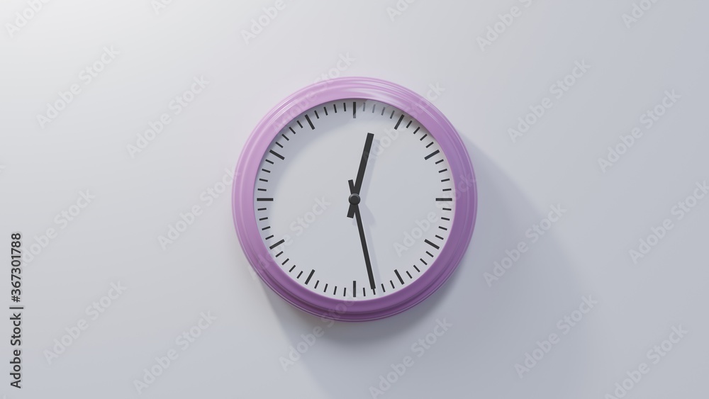 Glossy pink clock on a white wall at twenty-eight past twelve. Time is 00:28 or 12:28 Glossy pink clock on a white wall at twenty-eight past twelve. Time is 00:28 or 12:28