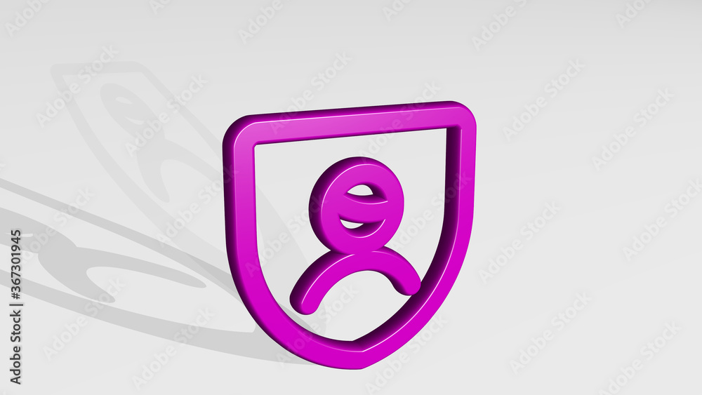 SINGLE MAN SHIELD made by 3D illustration of a shiny metallic sculpture with the shadow on light background. icon and isolated SINGLE MAN SHIELD made by 3D illustration of a shiny metallic sculpture with the shadow on light background. icon and isolated