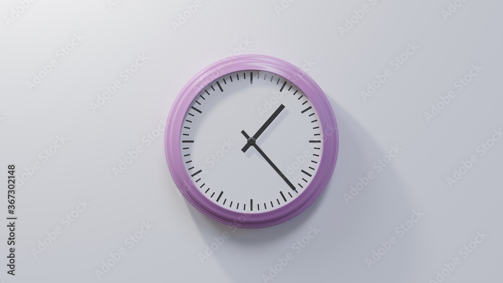 Glossy pink clock on a white wall at twenty-three past one. Time is 01:23 or 13:23 Glossy pink clock on a white wall at twenty-three past one. Time is 01:23 or 13:23