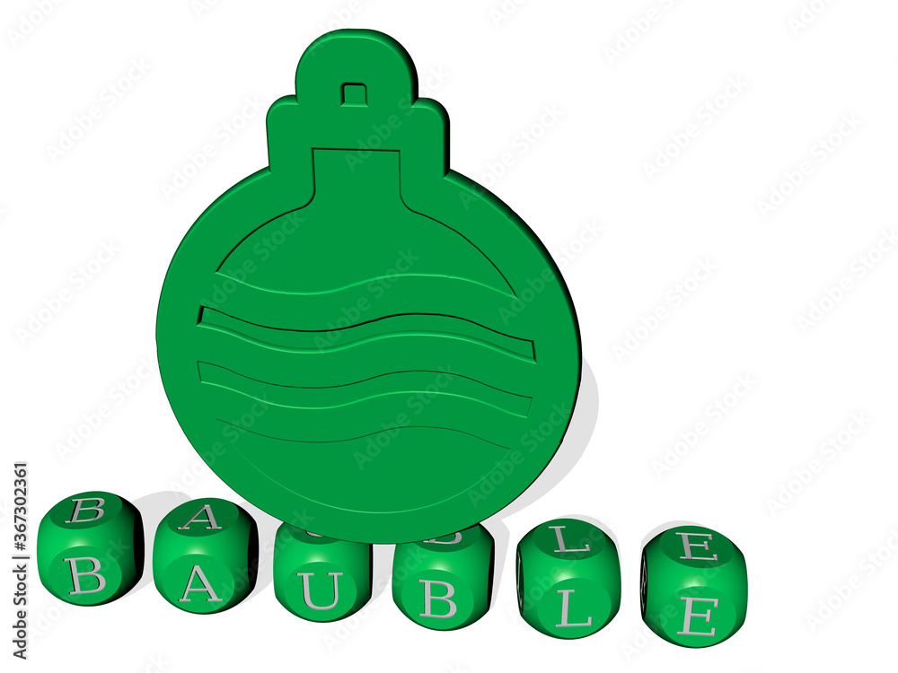3D graphical image of BAUBLE vertically along with text built by metallic cubic letters from the top perspective, excellent for the concept presentation and slideshows. christmas and background 3D graphical image of BAUBLE vertically along with text built by metallic cubic letters from the top perspective, excellent for the concept presentation and slideshows. christmas and background