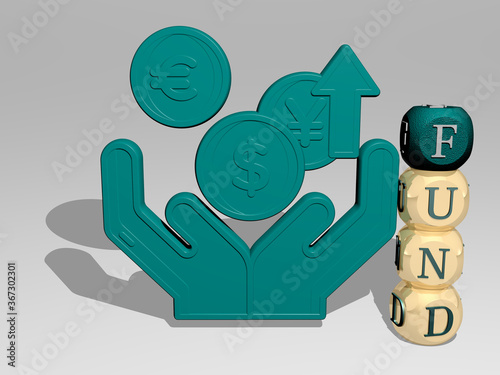 3D representation of fund with icon on the wall and text arranged by metallic cubic letters on a mirror floor for concept meaning and slideshow presentation. business and illustration