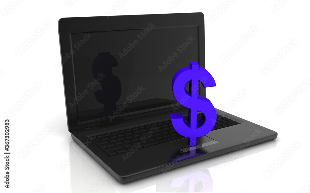 3D illustration of laptop and dollar concept on white background 3D illustration of laptop and dollar concept on white background