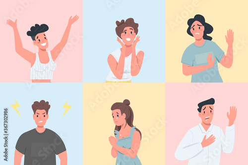 Different emotional expressions flat color vector faceless character set