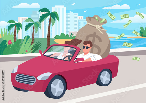 Successful man in car with money bag flat color vector illustration