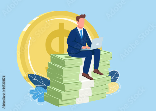Successful employee sitting on pile of money flat concept vector illustration