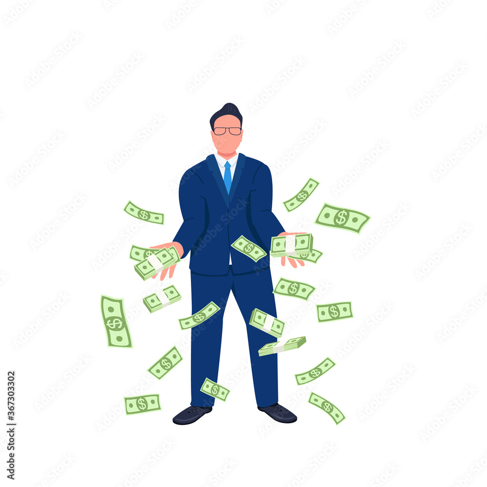 Businessman throwing money up flat concept vector illustration