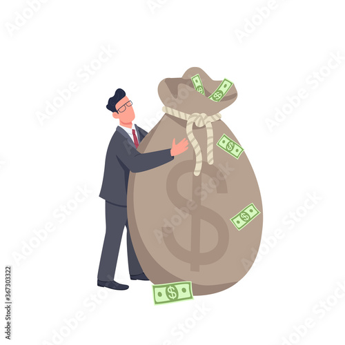 Businessman holding big money bag flat concept vector illustration