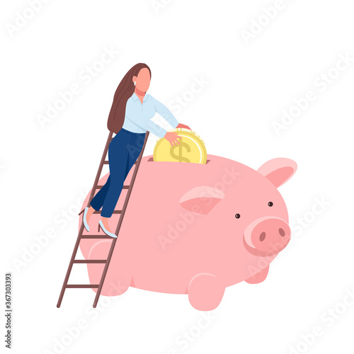 Woman putting coin in piggy bank flat concept vector illustration