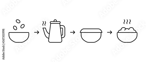 Brewing dry ingredients in bowl with boiling water. Instant food instruction. Process of cooking porridge, soup, cereal, oatmeal, puree. Linear icon for packaging. Black contour vector illustration