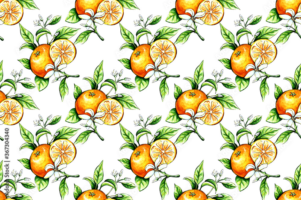 Hand drawn illustration of tangerine. Seamless pattern with fruit drawing. Organic fruit grown on the farm