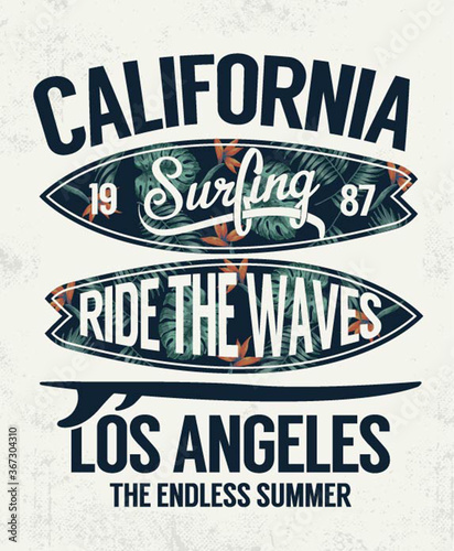 California, Los Angeles vector Surfing illustration with Hawaiian flowers. For t shirt and other uses