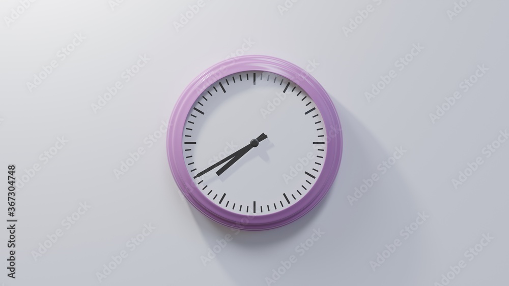 Glossy pink clock on a white wall at twenty to eight. Time is 07:40 or 19:40