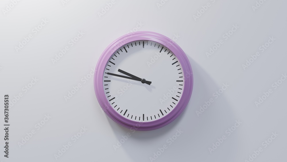 Glossy pink clock on a white wall at forty-seven past nine. Time is 09:47 or 21:47 Glossy pink clock on a white wall at forty-seven past nine. Time is 09:47 or 21:47