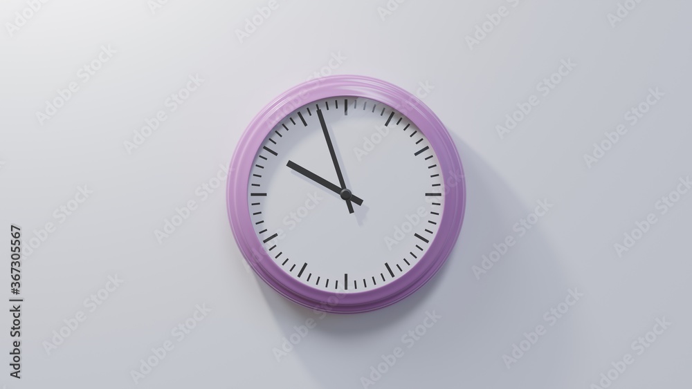 Glossy pink clock on a white wall at fifty-seven past nine. Time is 09:57 or 21:57 Glossy pink clock on a white wall at fifty-seven past nine. Time is 09:57 or 21:57