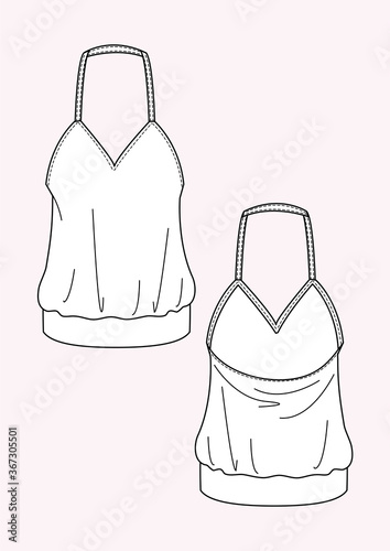 Top scollato donna morbido disegno piatto sketch fashion illustration fronte e retro mock up vetttoriale