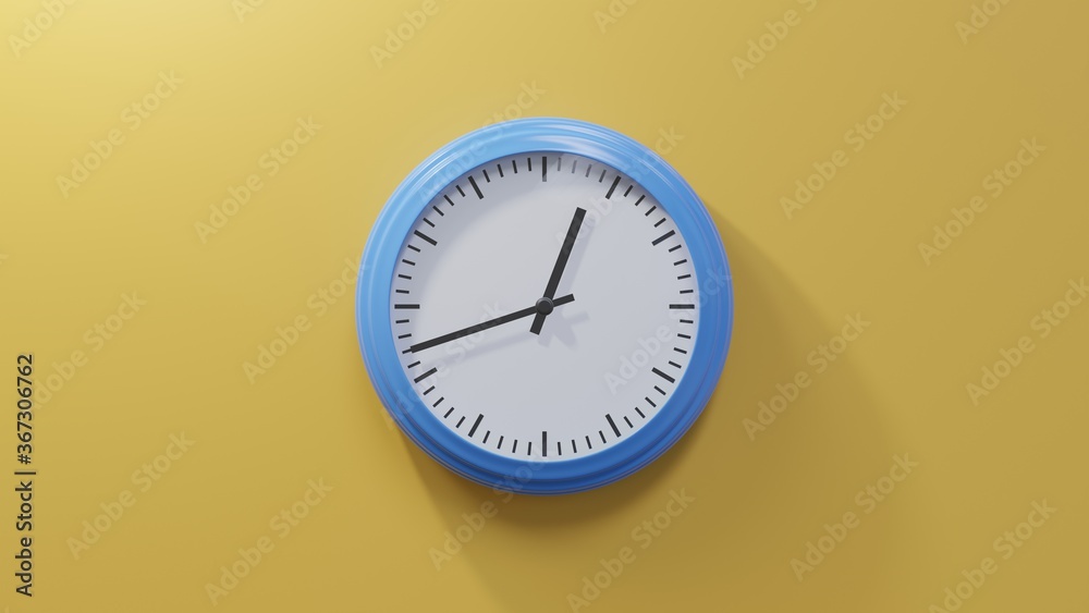 Glossy blue clock on a orange wall at forty-two past twelve. Time is 00:42 or 12:42 Glossy blue clock on a orange wall at forty-two past twelve. Time is 00:42 or 12:42