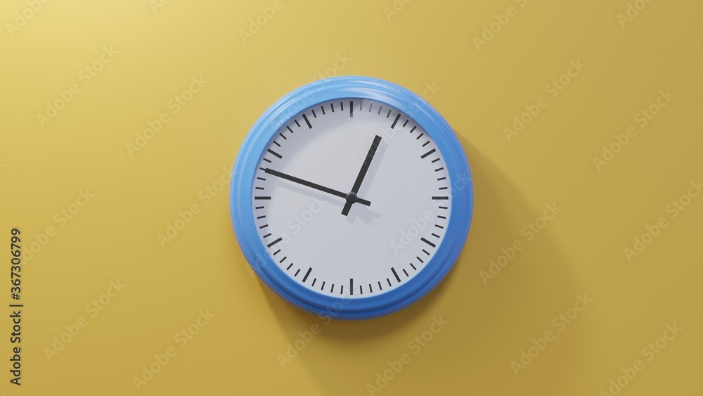 Glossy blue clock on a orange wall at forty-eight past twelve. Time is 00:48 or 12:48 Glossy blue clock on a orange wall at forty-eight past twelve. Time is 00:48 or 12:48