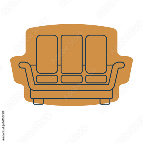 Comfortable sofa with three pillows. Image of couch in line art style. Element furniture of the interior. Modern stylish object for relaxation. Flat illustration with settee on shape background