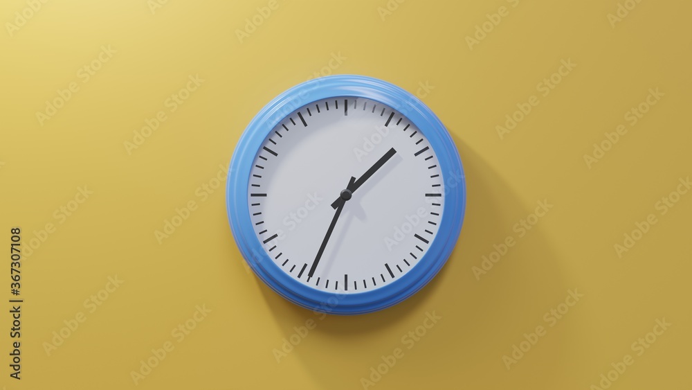 Glossy blue clock on a orange wall at thirty-four past one. Time is 01:34 or 13:34 Glossy blue clock on a orange wall at thirty-four past one. Time is 01:34 or 13:34