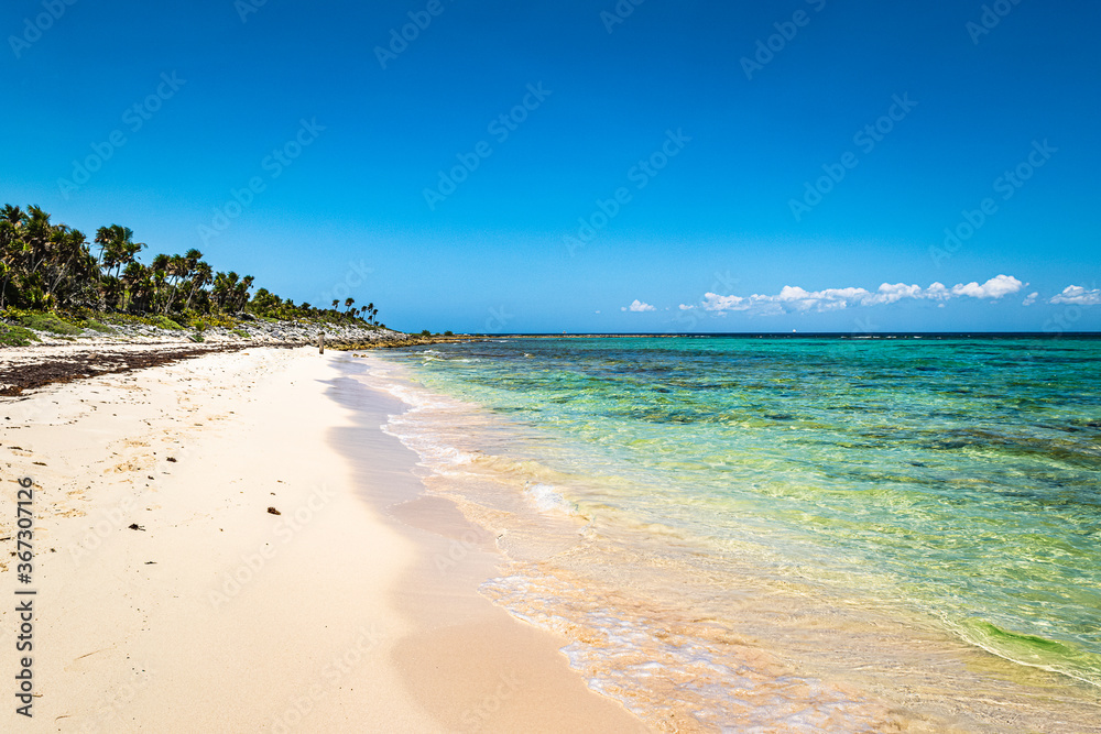 Tropical Xcacel beach on the Caribbean Sea coast. Marine turtles reserve. Beautiful tropical landscape, Quintana Roo, Mexico.